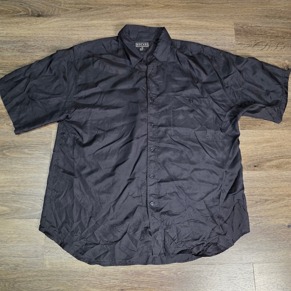 Bogari Mens Large Button Down Shirt Black 100% Silk Short Sleeve Pocket Solid